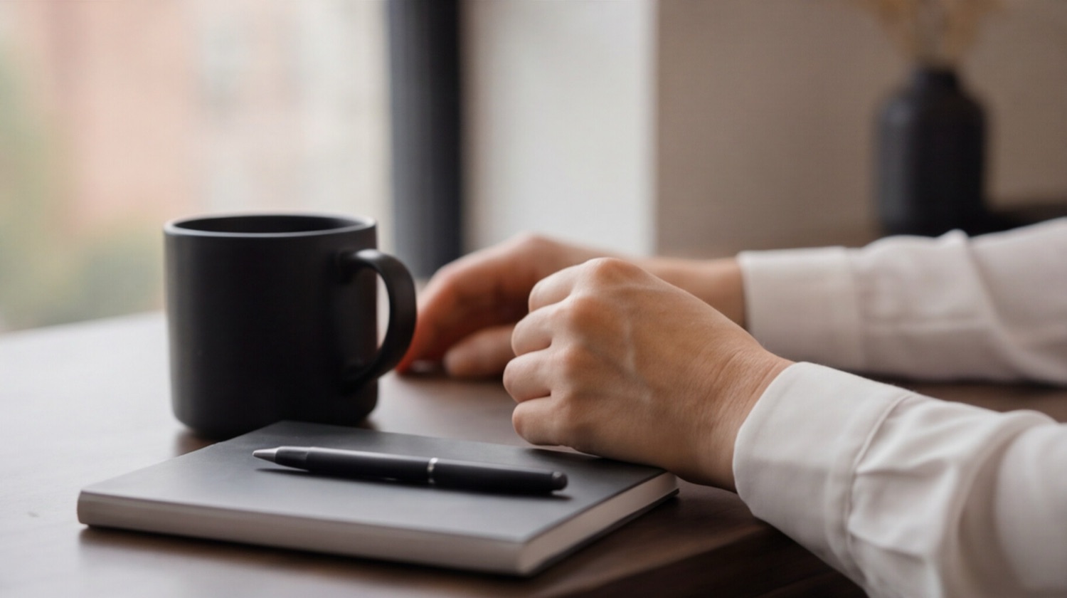 Quiet consulting-room desk with a notebook and cup