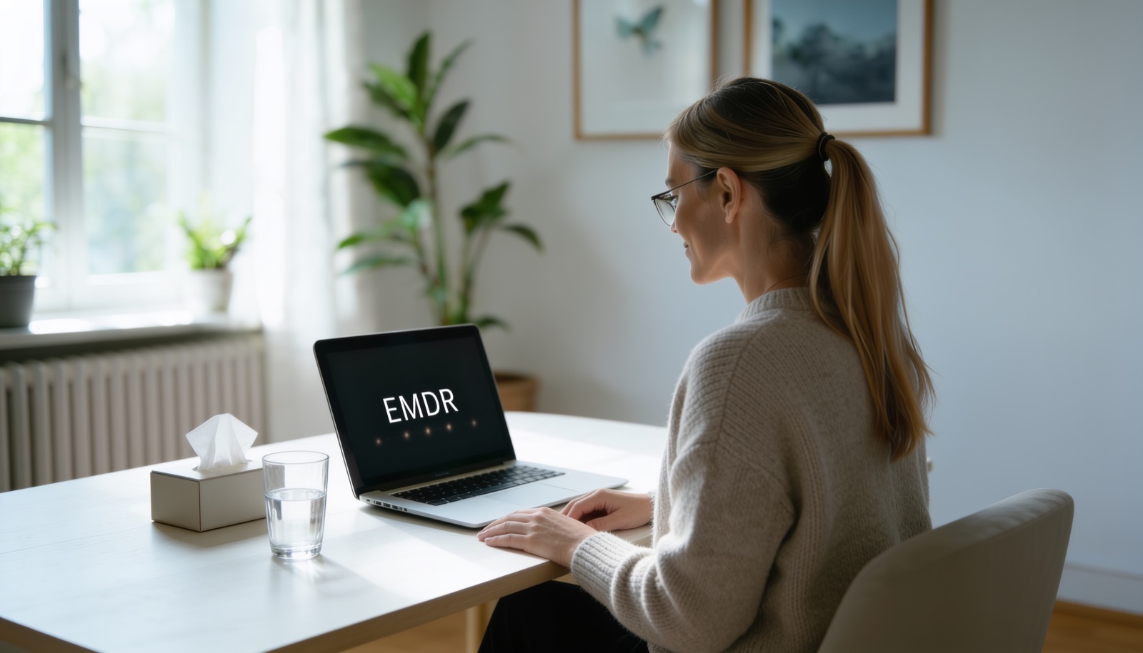 Adult in an online EMDR therapy session at a laptop