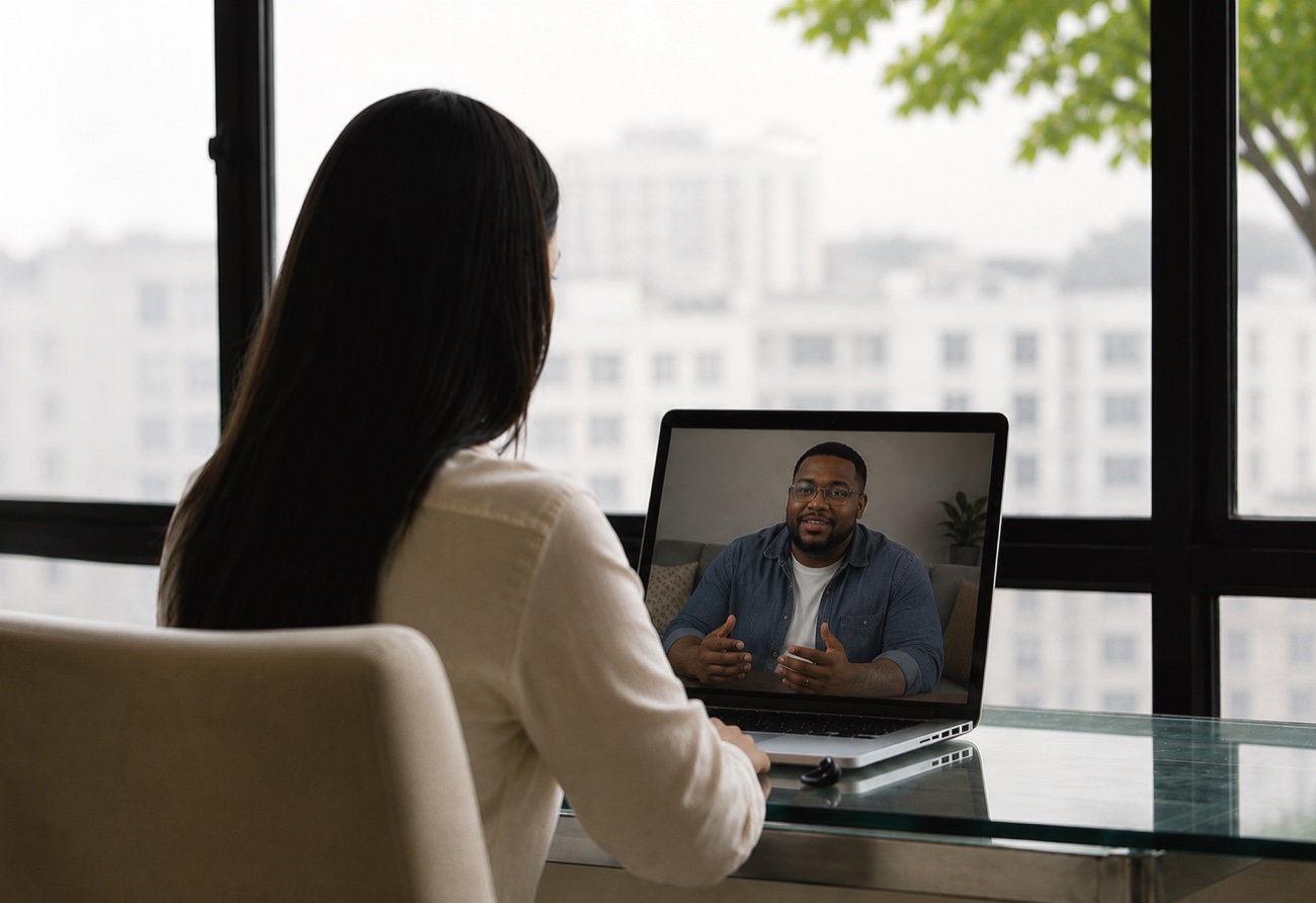 An adult in an individual online therapy session at home