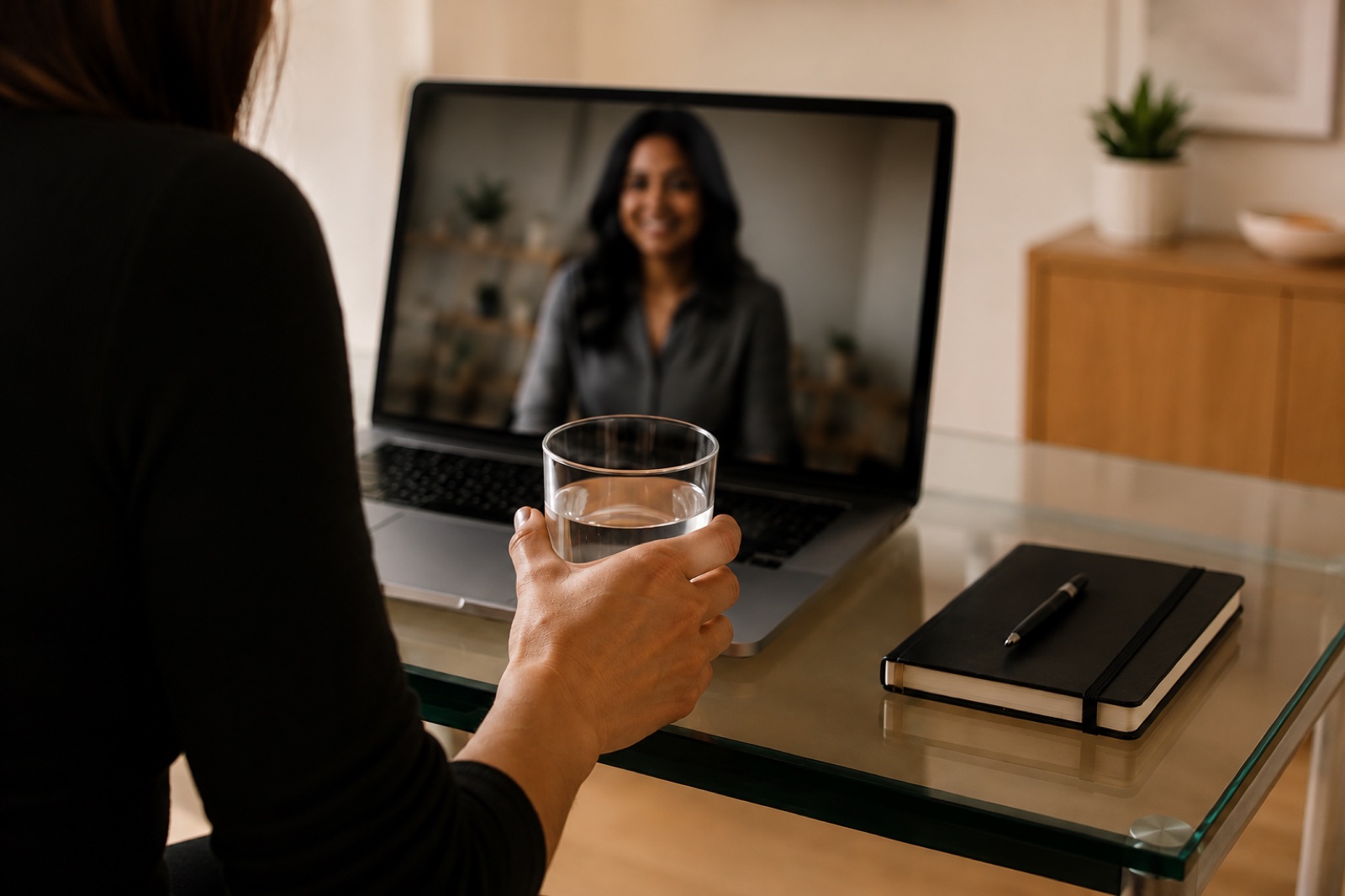 A private, secure online therapy session on a laptop