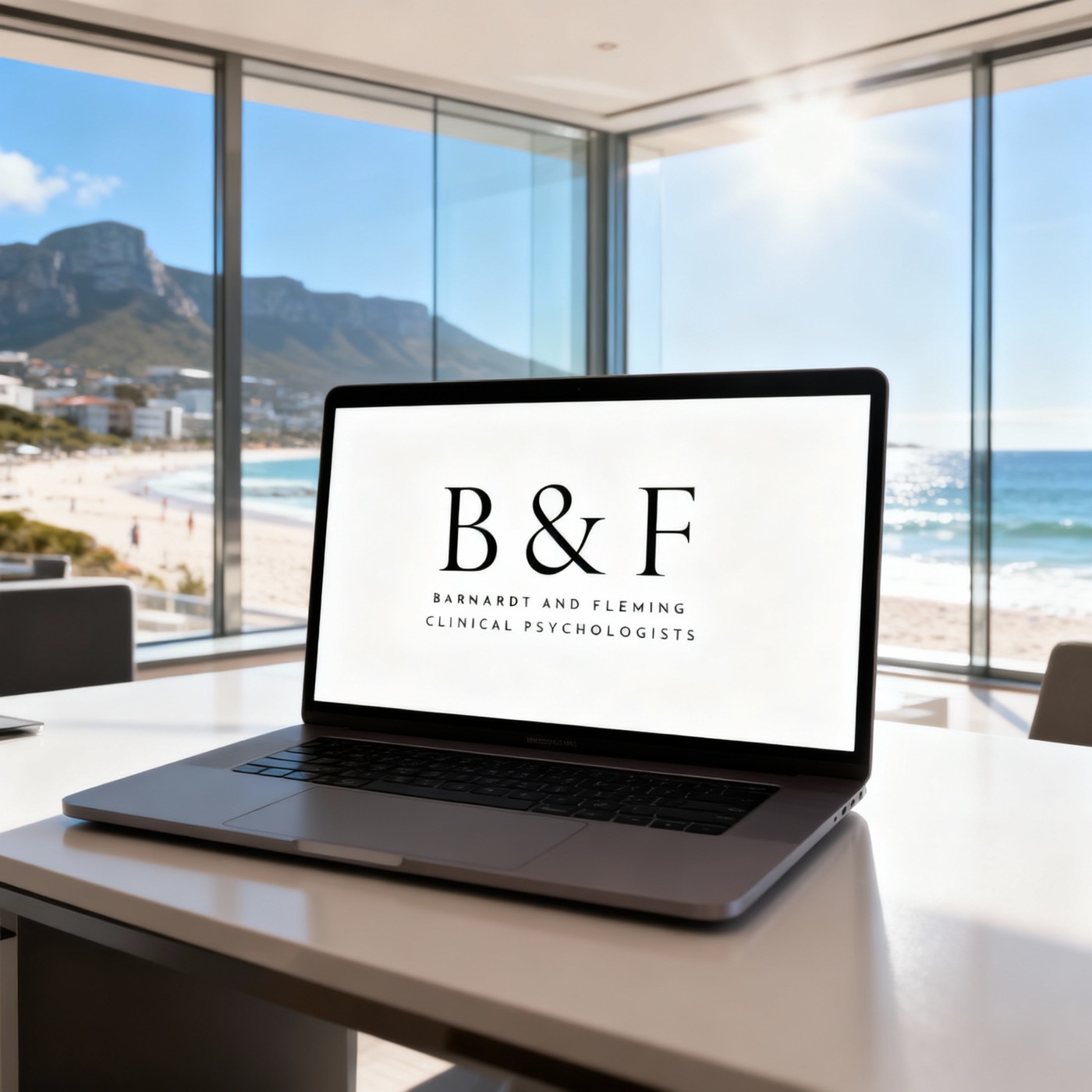 A laptop showing the Barnardt & Fleming logo with a Cape Town coastline beyond