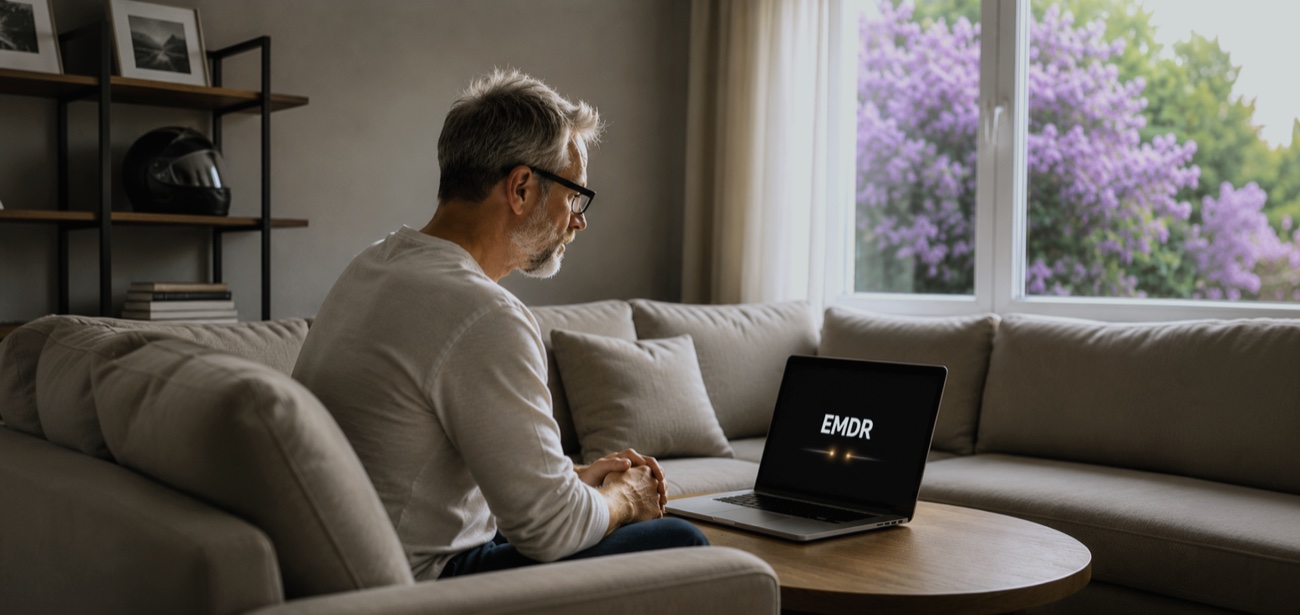 A man in an online EMDR therapy session at home